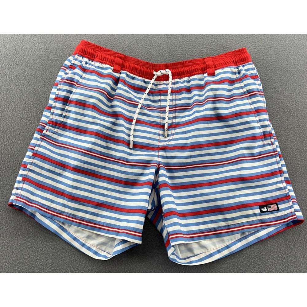 Southern Marsh Red, Light Blue & White Striped Swim Trunks